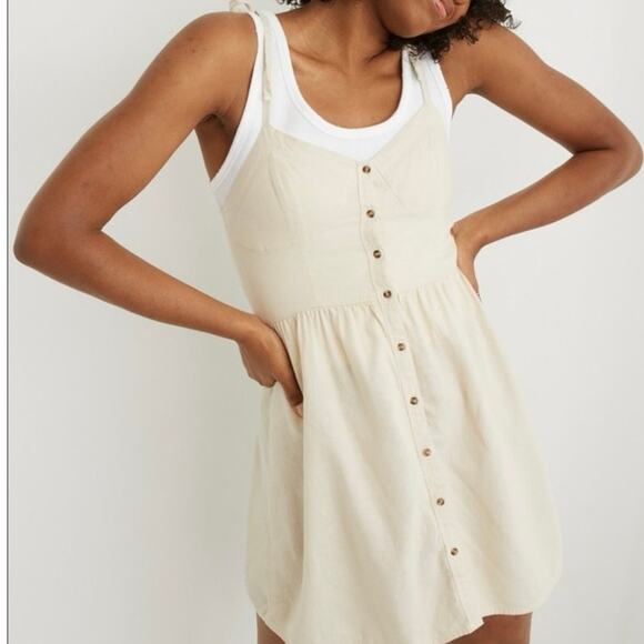 NWT Aerie Linen Blend Button Front Dress Cream Beige Small - Picture 1 of 6